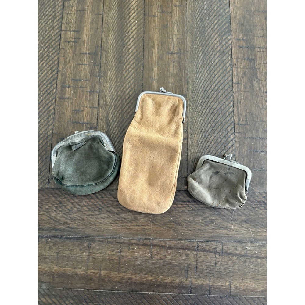 3 Small VTG Antique Kiss Clasp, 1 & 3 Compartment Coin Purse Leather Brown Tan
